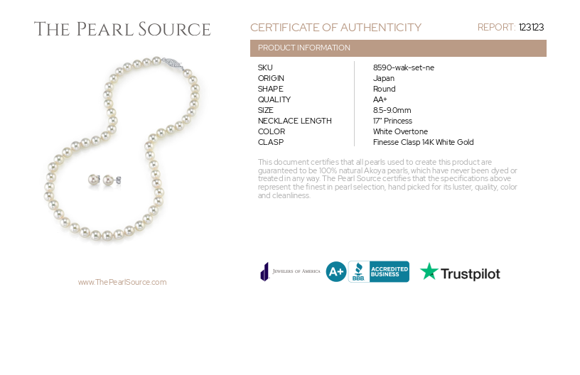 8.5-9.0mm Japanese White Akoya Pearl Necklace & Earrings-Certificate