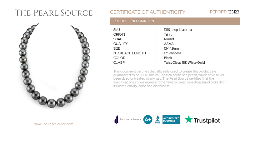 13-14.9mm Black Tahitian South Sea Pearl Necklace - AAAA Quality-Certificate