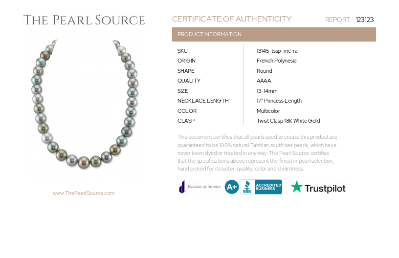13-14mm Tahitian South Sea Light Multicolor Pearl Necklace - AAAA Quality-Certificate