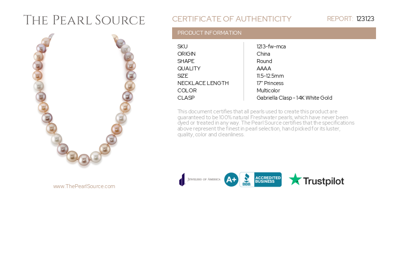 11.5-12.5mm Freshwater Multicolor Pearl Necklace - AAAA Quality-Certificate