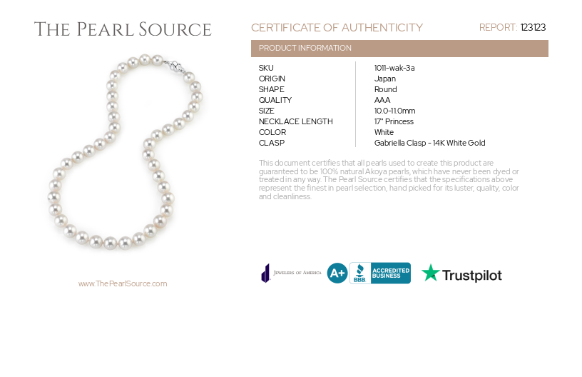 10-10.5mm Japanese Akoya White Pearl Necklace - AAA Quality-Certificate