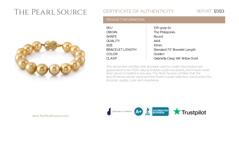 10-11mm Golden South Sea Pearl Bracelet-Certificate
