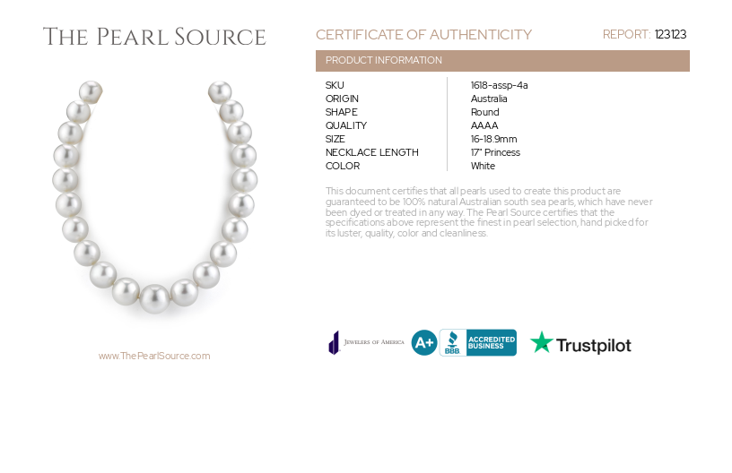 16-18.9mm White South Sea Pearl Necklace- AAAA Quality VENUS CERTIFIED-Certificate