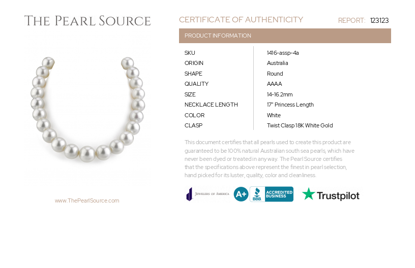 14-16.2mm White South Sea Pearl Necklace - AAAA Quality-Certificate
