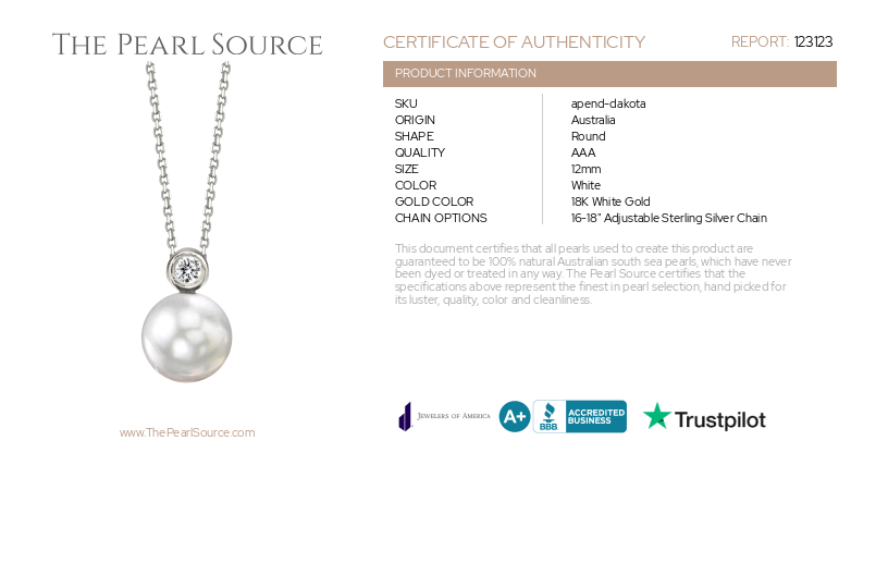 White South Sea Pearl & Diamond Dakota Pendant-Certificate