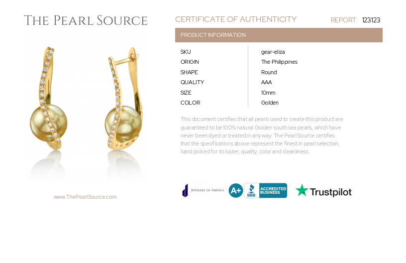 Golden South Sea Pearl & Diamond Eliza Earrings-Certificate