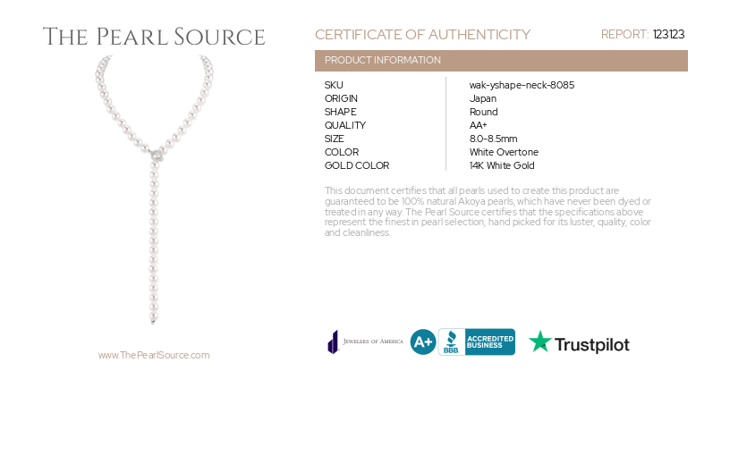 8.0-8.5mm Japanese Akoya White Pearl & Diamond Lariat Y-Shape Adjustable Necklace in Opera Length-Certificate