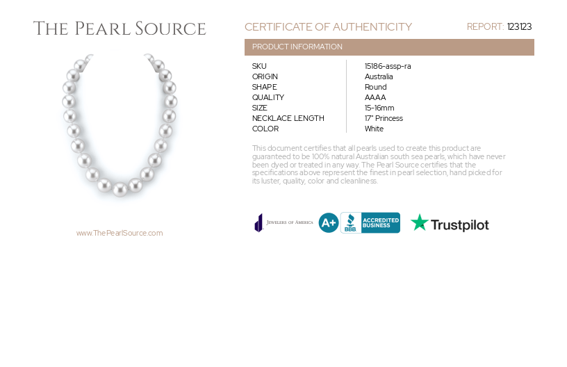 15-16.2mm White South Sea Pearl Necklace - AAAA Quality-Certificate