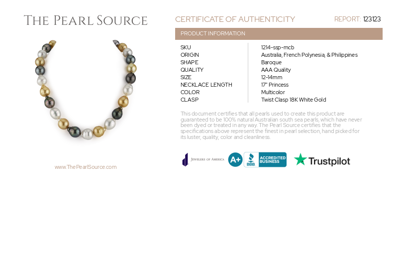 12-14mm South Sea Multicolor Baroque Pearl Necklace-Certificate