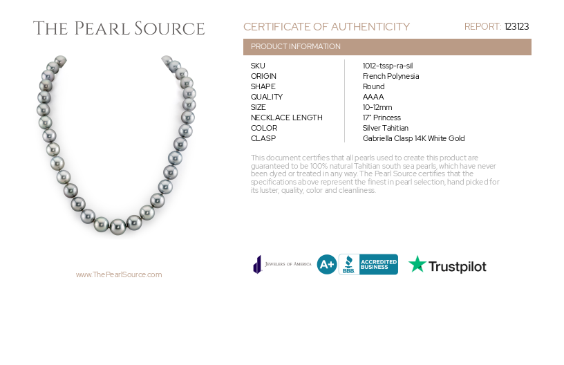 10-12mm Silver Tahitian South Sea Pearl Necklace- AAAA Quality-Certificate