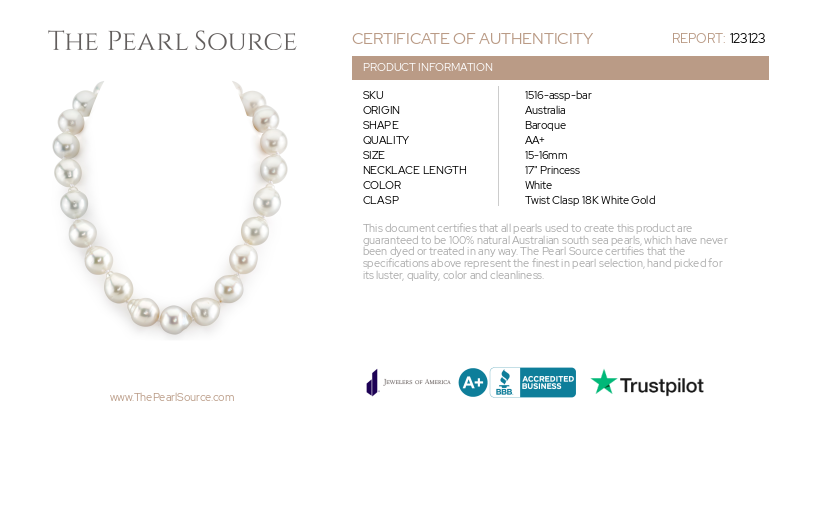 15-16mm White South Sea Baroque Pearl Necklace-Certificate