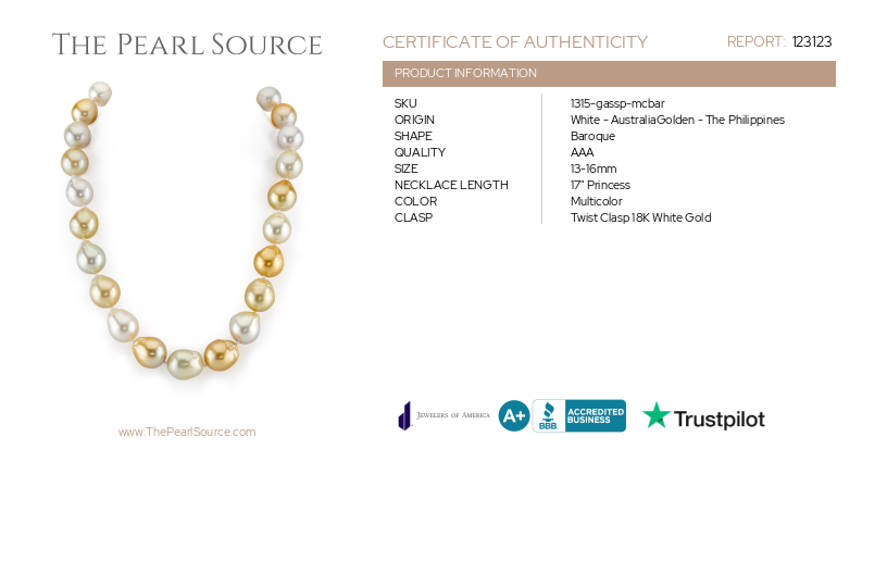 13-15mm South Sea Multicolor Baroque Pearl Necklace-Certificate