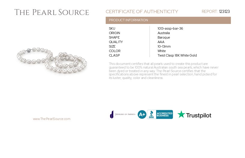 10-13mm Opera Length White South Sea Baroque Pearl Necklace-Certificate