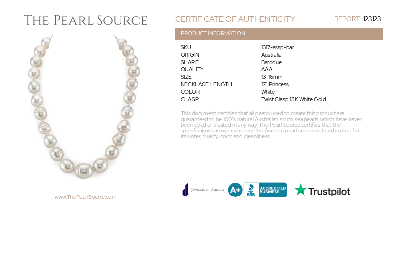 13-16mm White South Sea Baroque Pearl Necklace-Certificate