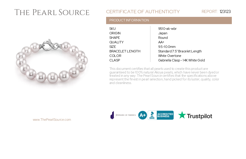 9.5-10mm Akoya White Pearl Bracelet- Choose Your Quality-Certificate
