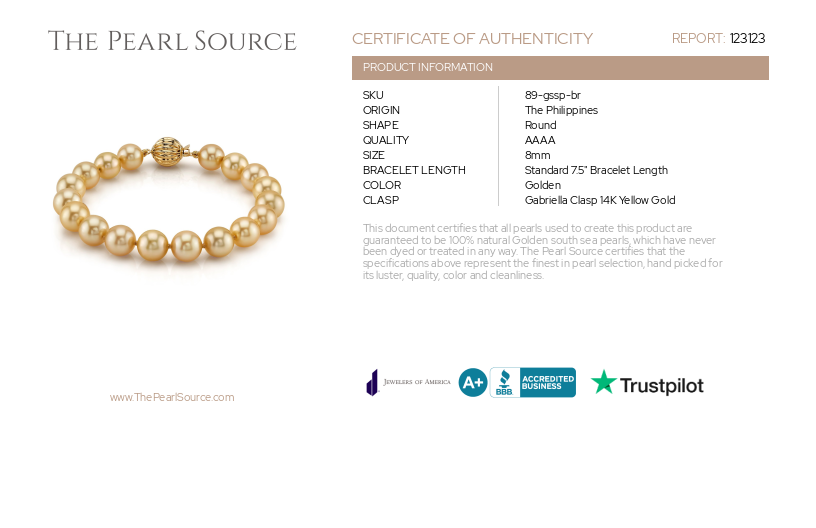 8-9mm Golden South Sea Pearl Bracelet-Certificate