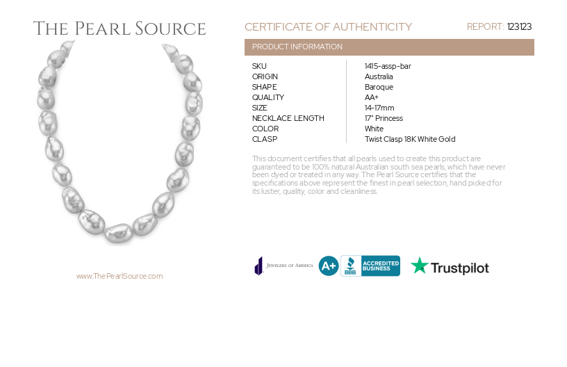 14-17.3mm White South Sea Baroque Pearl Necklace-Certificate