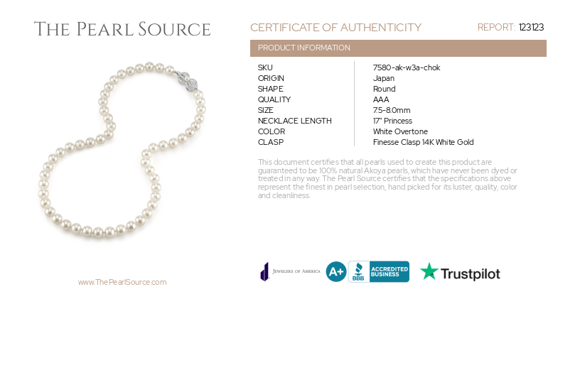 7.5-8.0mm Japanese Akoya White Choker Length Pearl Necklace- AAA Quality-Certificate