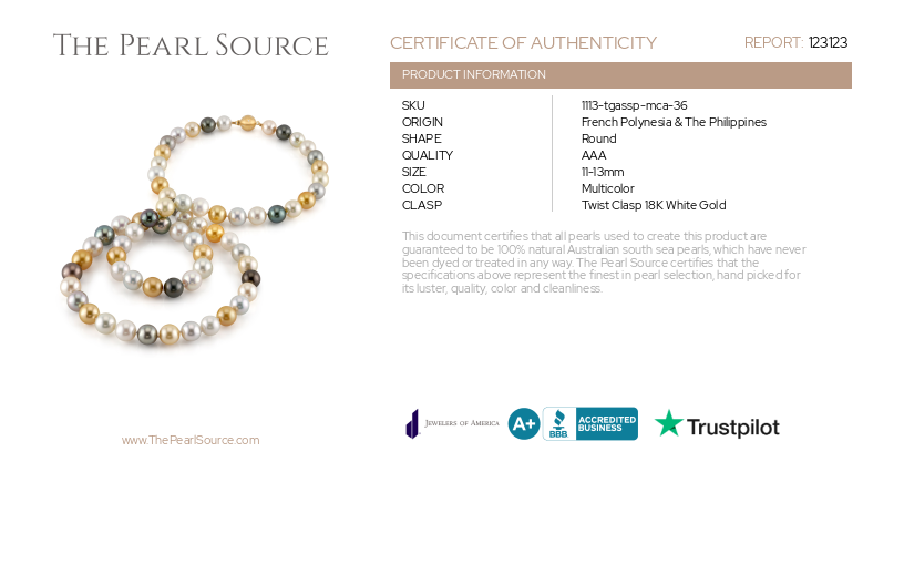 11-13mm Opera Length South Sea Round Multicolor Pearl Necklace-Certificate