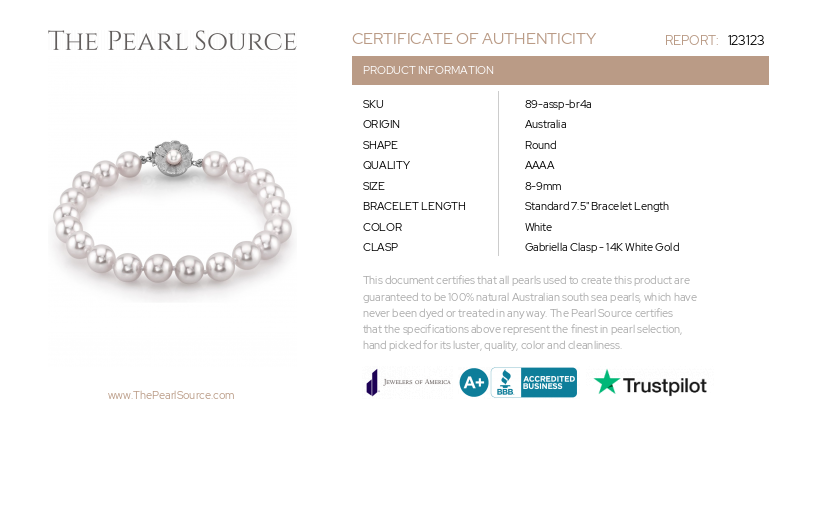 8-9mm White South Sea Pearl Bracelet - AAAA Quality-Certificate