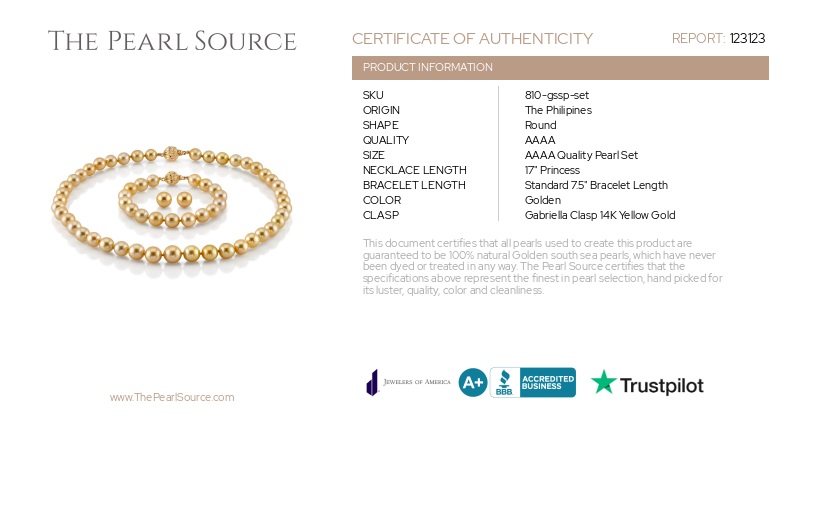 8-10mm Golden Round South Sea Pearl Set-Certificate