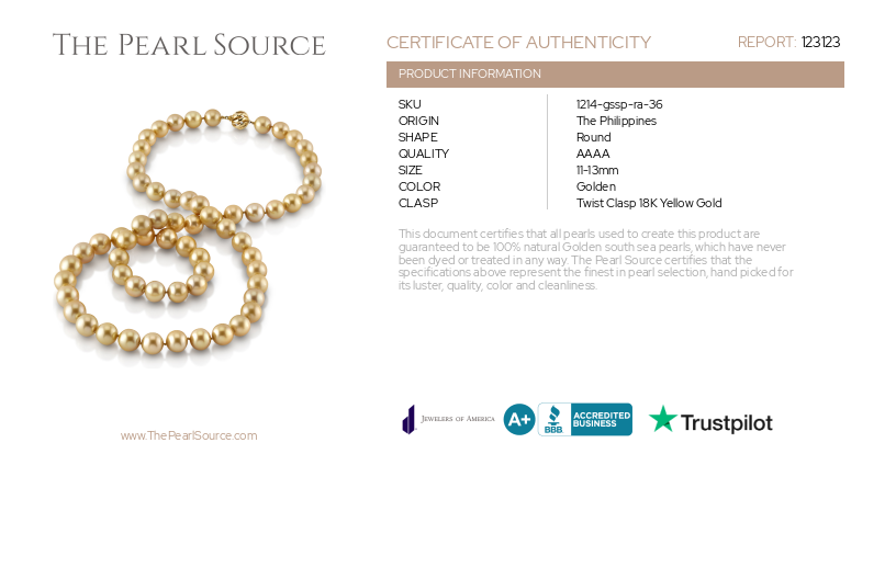Opera Length 11-13mm Golden South Sea Pearl Necklace- AAAA Quality-Certificate