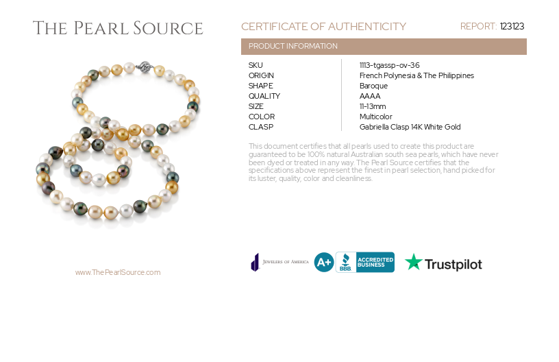 11-13mm Opera Length South Sea Multicolor Oval Pearl Necklace - AAAA Quality-Certificate