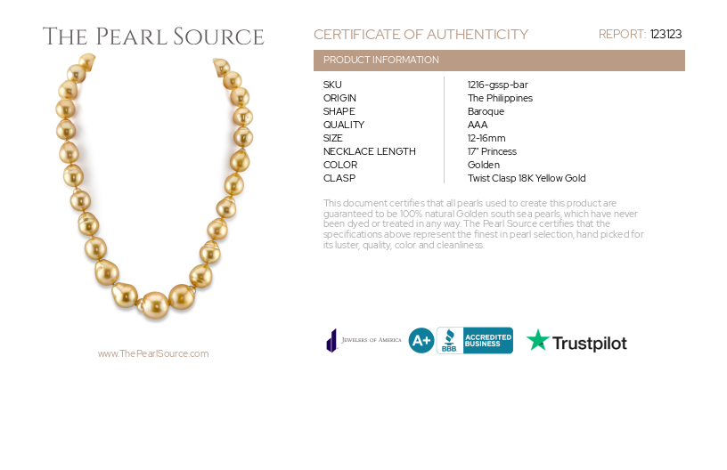 12-16mm Baroque Shaped Golden South Sea Pearl Necklace - AAA Quality-Certificate