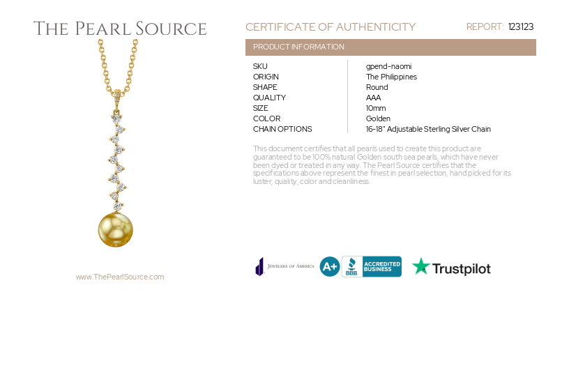 Golden South Sea Pearl & Diamond Naomi Pendant-Certificate