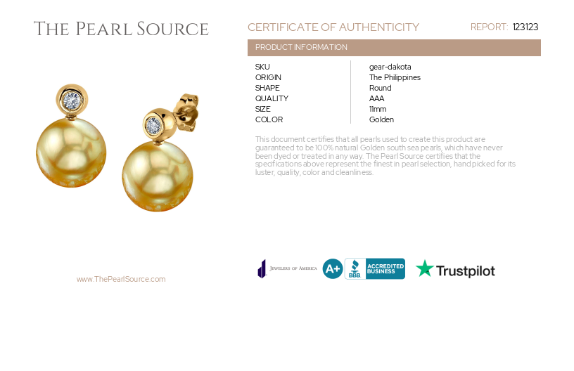 Golden South Sea Pearl & Diamond Dakota Earrings-Certificate