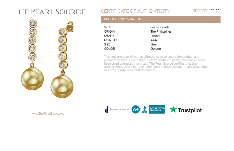 Golden South Sea Pearl & Diamond Cascade Earrings-Certificate