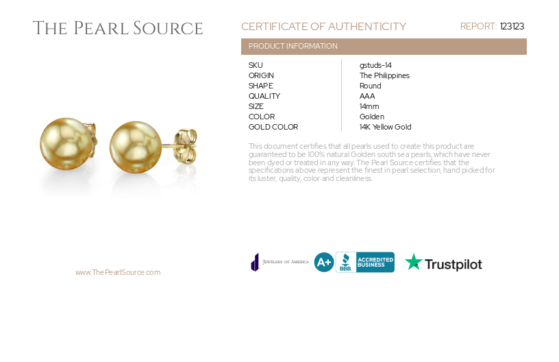 14mm Golden South Sea Round Pearl Stud Earrings-Certificate