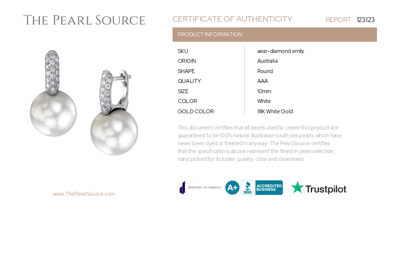 White South Sea Pearl & Diamond Huggie Emily Earrings-Certificate