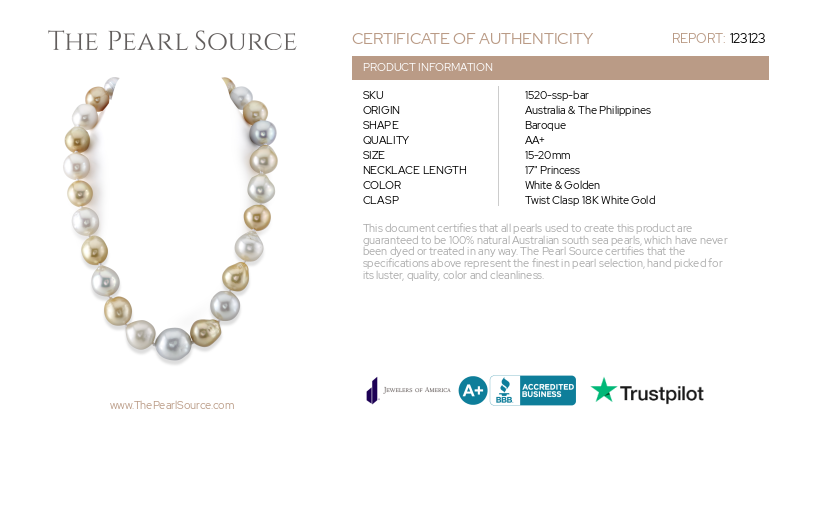 15-20mm Multicolor White & Golden South Sea Baroque Pearl Necklace-Certificate
