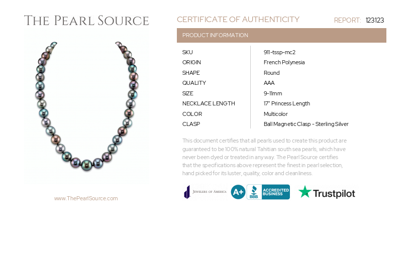 9-11 mm Tahitian South Sea Multicolor Pearl Necklace-Certificate