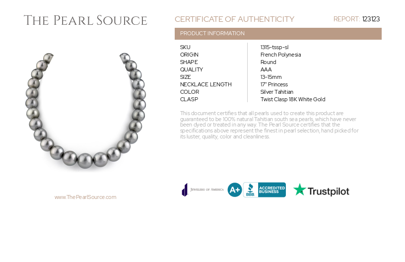 13-15mm Silver Tahitian South Sea Pearl Necklace - AAA Quality-Certificate