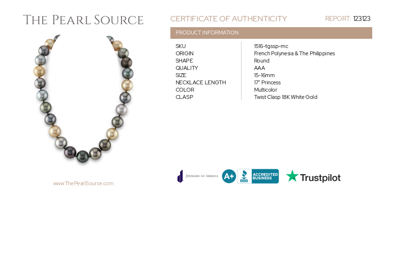 15-16mm Tahitian & Golden South Sea Multicolor Round Pearl Necklace - AAA Quality-Certificate
