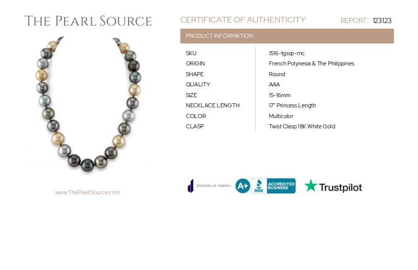 15-16mm Tahitian & Golden South Sea Multicolor Round Pearl Necklace - AAA Quality-Certificate