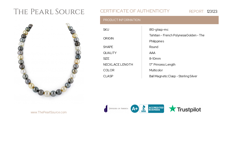 8-10mm Tahitian & Golden South Sea Multicolor Pearl Necklace - AAA Quality-Certificate