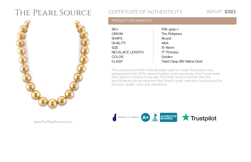 15-16mm Golden South Sea Pearl Necklace - AAA Quality-Certificate