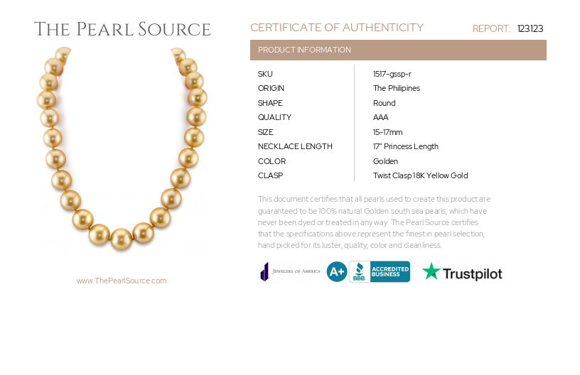 15-17mm Golden South Sea Pearl Necklace - AAA Quality-Certificate
