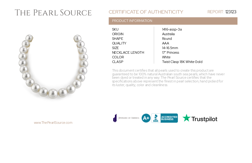 14-16.5mm White South Sea Round Pearl Necklace - AAA Quality-Certificate