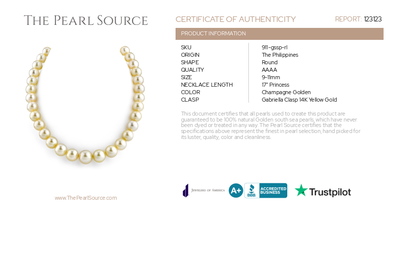 9-11mm Champagne Golden South Sea Pearl Necklace - AAAA Quality-Certificate