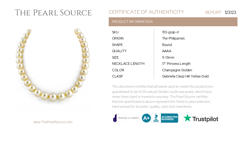 11-13mm Champagne Golden South Sea Pearl Necklace - AAAA Quality-Certificate