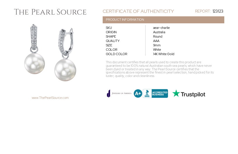 14K Gold White South Sea Pearl & Diamond Charlie Earrings-Certificate