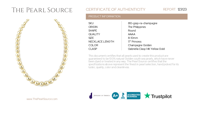 8-10mm Champagne Golden South Sea Pearl Necklace - AAAA Quality-Certificate