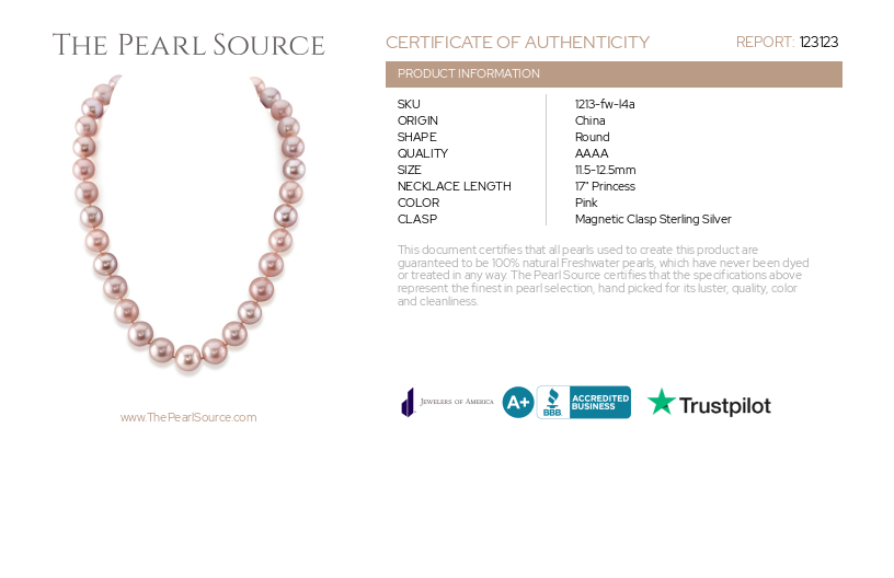 11.5-12.5mm Pink Freshwater Pearl Necklace - AAAA Quality-Certificate