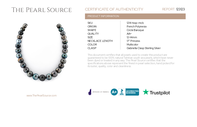 12-14mm Multicolor Tahitian South Sea Pearl Circle Baroque Necklace-Certificate