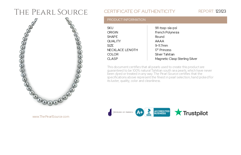9-11.7mm Silver Tahitian South Sea Pearl Necklace - PSL Certified-Certificate