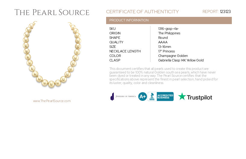 13-16mm Champagne Golden South Sea Pearl Necklace - AAAA Quality-Certificate